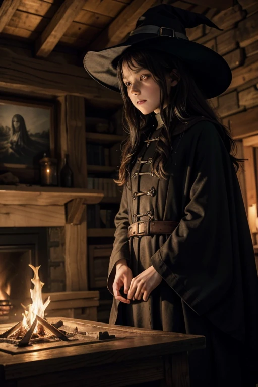 The young witch was in her hut, calm and trying to ignore the shivers running down her spine. Suddenly, a chill ran through the room and the objects around him began to shake. The fire in the fireplace dimmed, emitting a spectral light that cast sinister shadows across the room. An icy wind blew through the crack in the window, carrying with it threatening murmurs and ancient sighs. The young witch knew something terrible was approaching. It was then that the master witches appeared before her, their ethereal forms shrouded in a cloak of ancient shadows. His eyes glowed with a demonic fire, defying reality itself. Without saying a word, they extended their hands in a threatening gesture, ready to punish the young intruder who had challenged the established dark order.