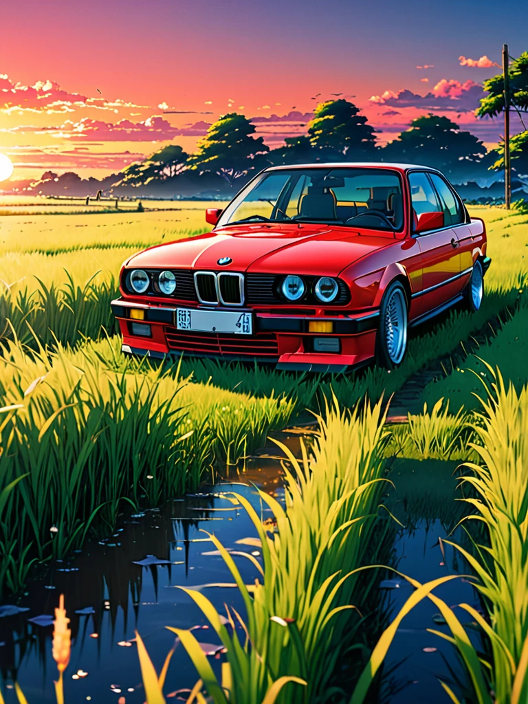 anime landscape of A pearl super sunny red classic 1993 BMW E30 318i sport sits in a field of tall grass with a sunset in the background.beautiful anime scene, beautiful anime peace scene, Makoto Shinkai Cyril Rolando, beautiful anime scene, amazing wallpaper, anime art wallpaper 8k, anime background, artistic anime background, anime wallpaper 4k, anime art 4k wallpaper, anime wallpaper art 4k,