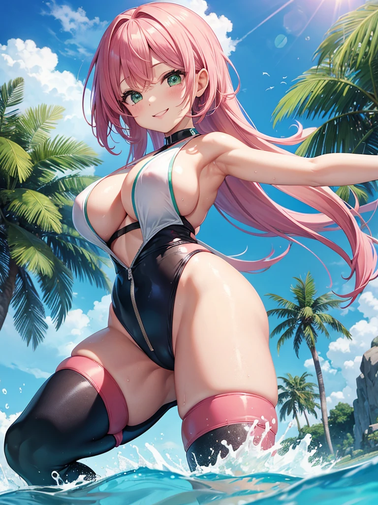 High Cut Rubber Suit、Swimsuit、Bare thighs、Arms and legs are bare、girl、Large Breasts、smile、Pink hair with green braids、Chubby
