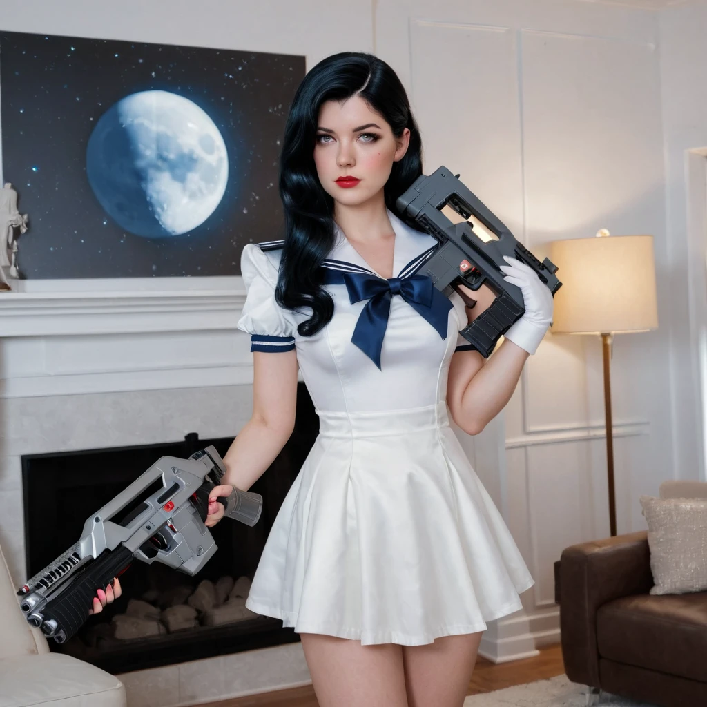 a woman in a satin sailor outfit standing in a living room, holding a M41A pulse Rifle , in style of artgerm, moon shining, cosplay, a sexy warrior, long wavy black hair, trevor brown style, award - winning photo, lunar cycles, photo realistic, 8k vibrant colors