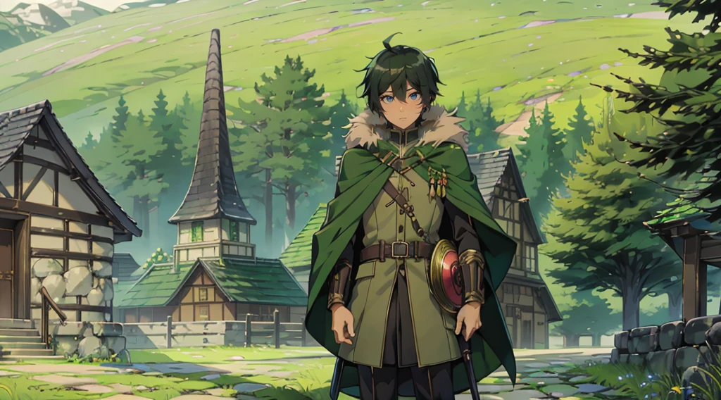 yuichiro hyakuya, (WithoutFear:1), 1 boy, black hair, green eyes, brown coat, gray armor, green shield, green cloak, dark brown gloves, town, white fur trim, tall, anime, standing, good quality, portrait, looking at viewer