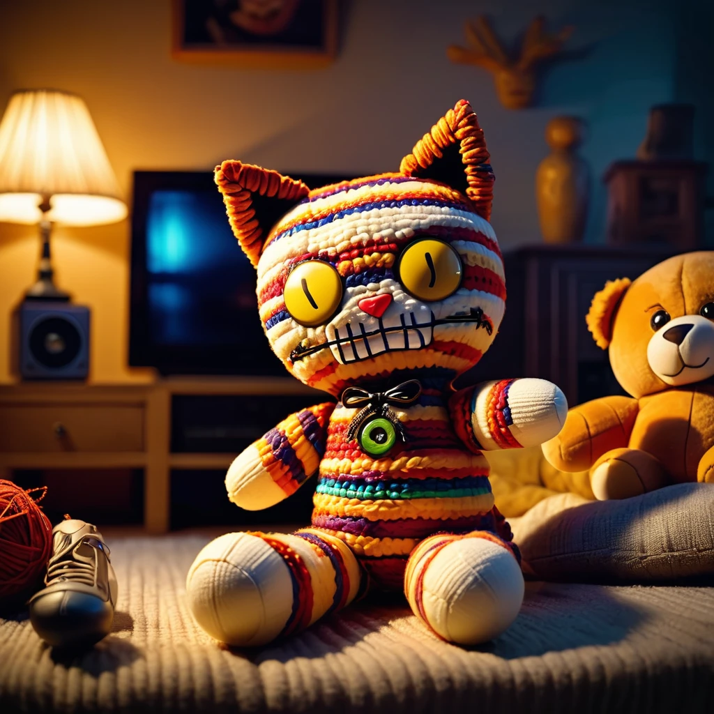 (knitted toy voodoo doll:1.8), (Voodoo Garfield:1.3), (Clothing: striped fur pattern, lazy expression:1.0), (Accessories: enchanted lasagna, glowing bowl, mystical remote control:1.2), (background: cozy living room with floating, glowing TV and magical light:1.2), best quality, masterpiece, detailed soft oil painting, detailed background, dramatic cinematic lighting, soft edge lighting, professional, dramatic lighting, hard edge lighting, ultra quality, 4k, masterpiece, best quality, 8k, ultra high definition, high resolution, extremely detailed