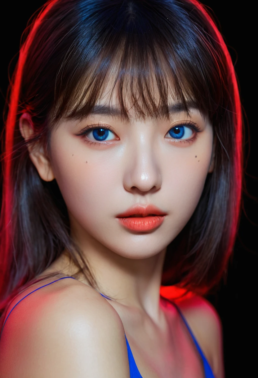 (upper body:1.5),8k, best quality, 1 Girl, (Skin Indentation), night, (dark), Indoor clear background, (people), Beautiful bangs, Gorgeous,, (Clothing and:1.3),Soft lighting, attractive, dark Room, (mouth close:1.2, beautiful eyes, Delicate eyes, Detailed iris, Beautiful lips, Beautiful nose, Pretty Face),(primary color:1.5)，(Ambient Light:1.5)，(Neon light:1.8),(Radioluminescence:1.8),(red and blue light:1.5)