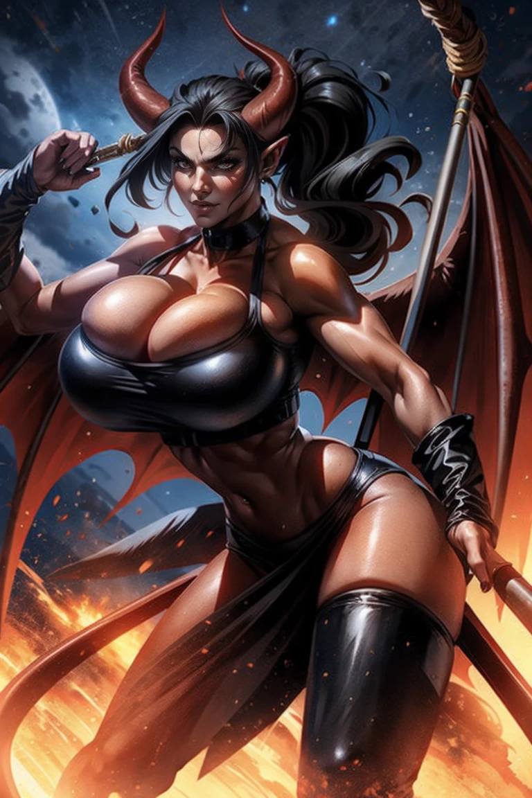 Red skin succubus tiefling, medium breasts, black horns, wings, huge tail, black leather, crop top, (cleavage), long flowing pelvic curtain, tall, athletic, graceful, thin, long black ponytail. Action scene, whip. Dark scene, explosions, night sky.