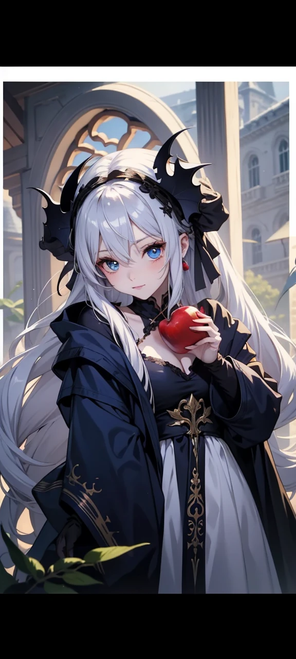 best quality fantasy art of an adorable chibi Vampire queen, long white hair, blue eyes, apple, light bokeh, kawaii scene
