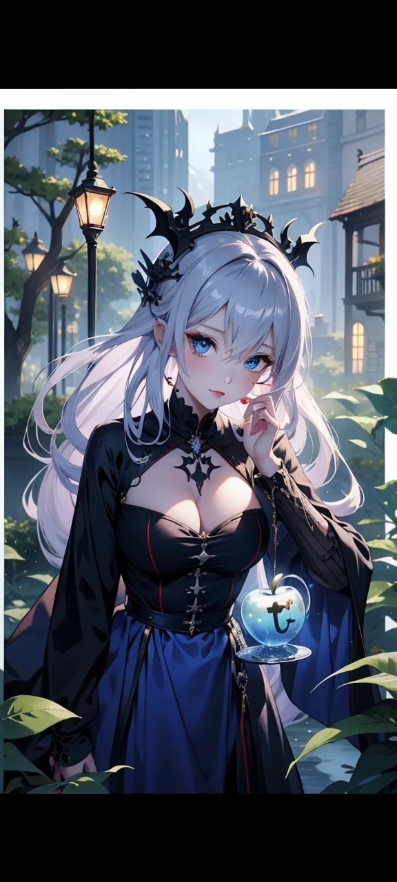 best quality fantasy art of an adorable chibi Vampire queen, long white hair, blue eyes, apple, light bokeh, kawaii scene