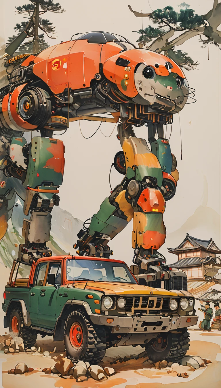 sketch、The Style of Kawanabe Kyosai、Big-bed truck、Repairing、caterpillar