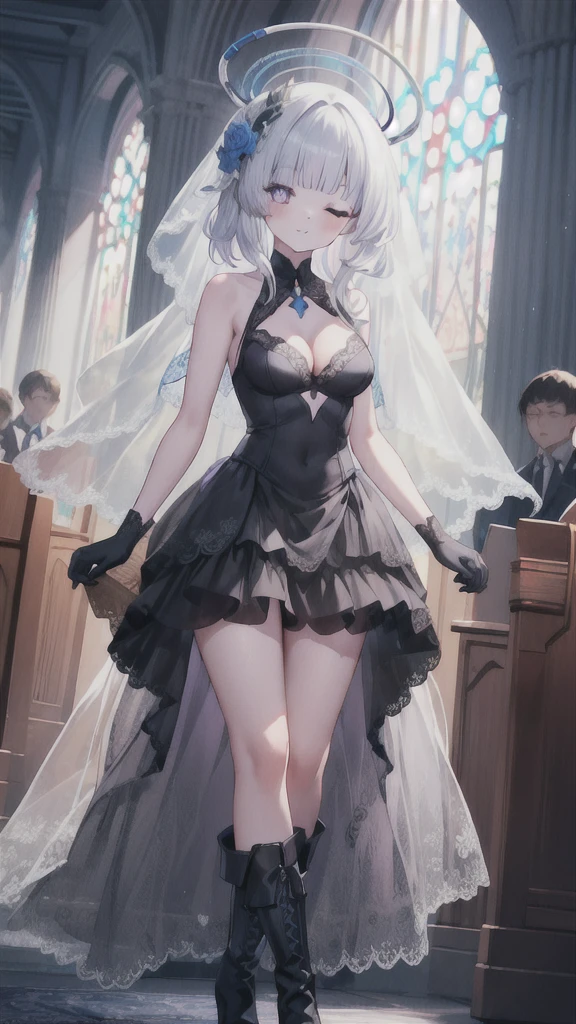 A girl，，Long hair, Bangs, White hair, Hair between the eyes, Purple Eyes:（1.5),  (Medium breasts:1.2), 
rest  锁骨, Wedding dress，veil，wedding，Black dress，Flowers，dress，Black socks，Black knee socks，Black gloves，Long boots，Cleavage，
Looking at the audience, whole body, Open your mouth，lol，
indoors, church，permanent，permanent，微lol，With one eye closed，
rest (masterpiece:1.2), best quality, high resolution,  8k wallpaper, (illustration:0.8), (Beautiful and delicate eyes:1.6), Extremely detailed face, Perfect lighting, Extremely detailed CG, (Perfect hands, Perfect anatomical structure),