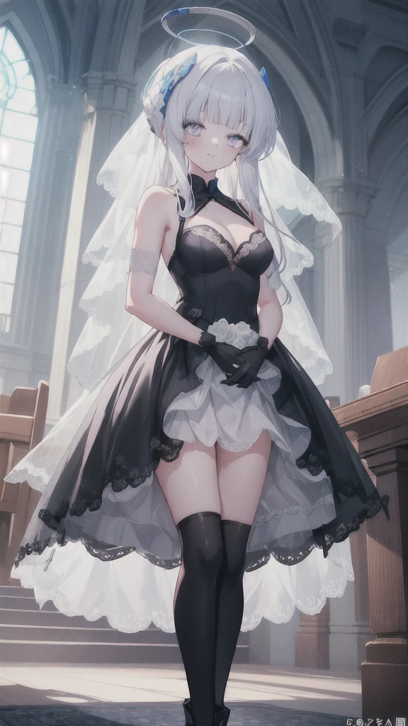 A girl，16 years old，Long hair, Bangs, White hair, Hair between the eyes, Purple Eyes:（1.5),  (Medium breasts:1.2), 
rest  锁骨, Wedding dress，veil，wedding，Black dress，Flowers，dress，Black socks，Black knee socks，Black gloves，Long boots，Cleavage，
Looking at the audience, whole body, Open your mouth，lol，
indoors, church，permanent，permanent，微lol，With one eye closed，
rest (masterpiece:1.2), best quality, high resolution,  8k wallpaper, (illustration:0.8), (Beautiful and delicate eyes:1.6), Extremely detailed face, Perfect lighting, Extremely detailed CG, (Perfect hands, Perfect anatomical structure),