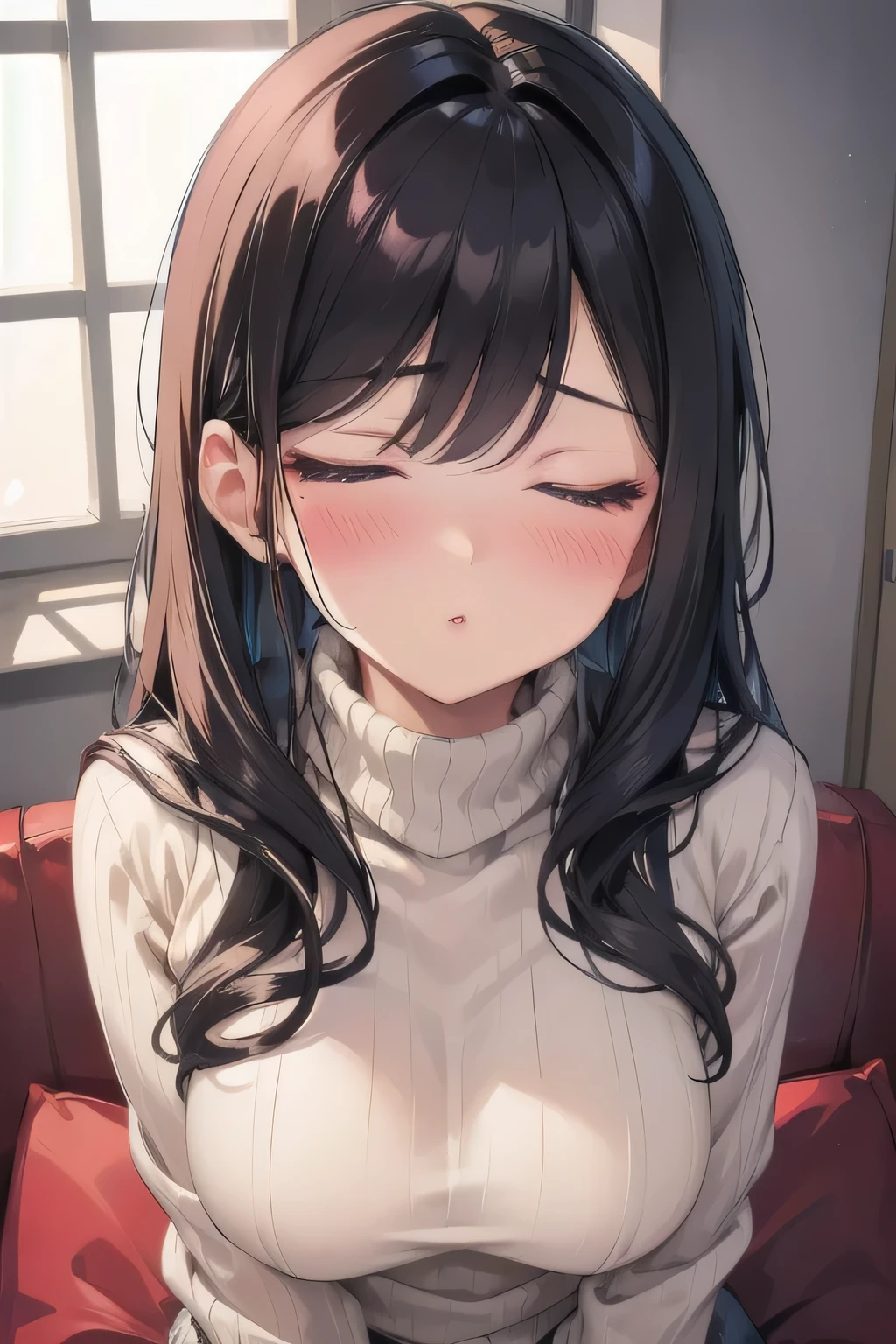Sexy woman, perfect hair, amazing makeup, seductive gaze, blushing intensely, ready to kiss, long oversized sweater, sitting comfortably on couch, window, natural light beaming through window, beautiful face, seductively gazing at us, very seductively provocative
