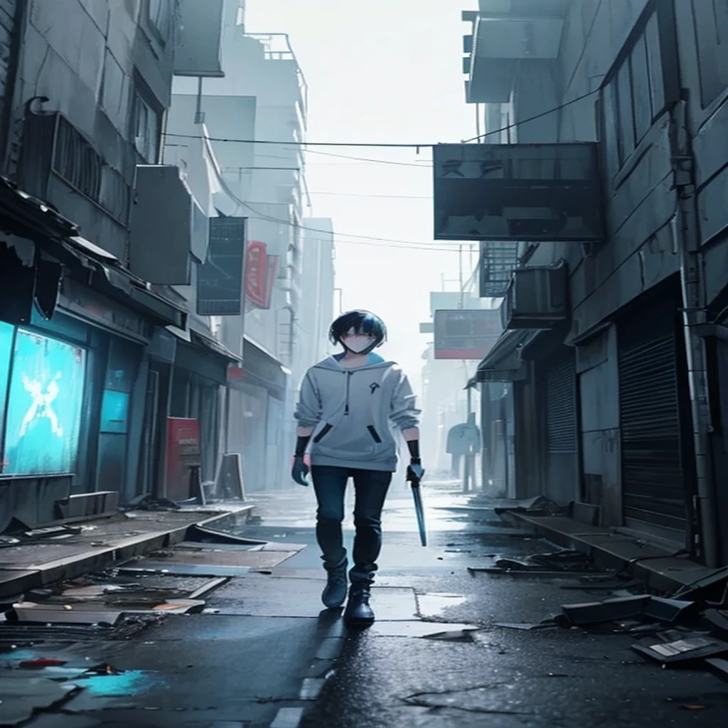 a boy with black hair, glowing blue eyes, wearing a white hoodie, black jeans, and white boots, carrying a katana at his waist, walking through a dead city, (best quality,4k,8k,highres,masterpiece:1.2),ultra-detailed, dramatic shadows, moody atmosphere, apocalyptic setting,post-apocalyptic,dystopian,gritty,dark,gloomy,desolate,urban decay,crumbling buildings,abandoned city,lonely,melancholy,somber