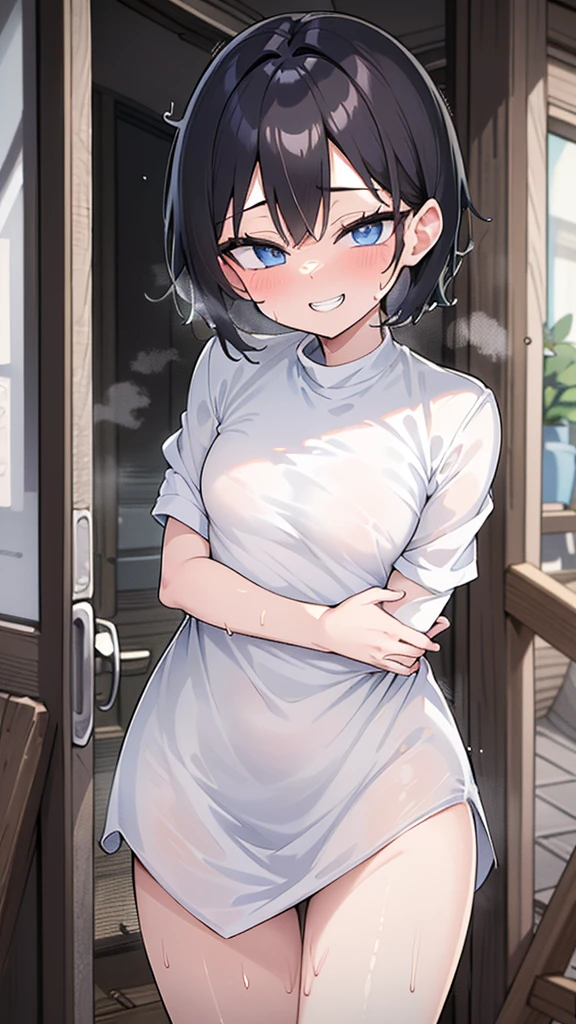 (8k、Best image quality、Highest quality、masterpiece)、Detailed face、A short girl:1.5、pixie short hair、Black Hair、Bright Blue Eyes、Heart Pupil、Wicked Smile、((steam, sweat, Grin))、Small breasts、((White oversized long shirt:1.5)), Short sleeve、Bra straps、Off the shoulder, No underwear、entrance、Open the door、(A half-naked, macho, vulgar, half-naked, middle-aged man is hugging her from behind:1.5, from the front、Facing forward), indoor、entrance、Detailed people、Detailed Background、Naughty play from behind:1.5, NTR