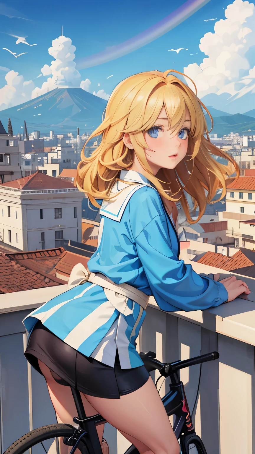 Nikolaos Gyzis, Dimitris Taxis, Ilias Kyriazis, Susanne Wenger, Naoyuki Kato, Surrealism, wonder, strange, fantastical, fantasy, Sci-fi, Japanese anime, the city on the other side of the rainbow, beautiful blonde miniskirt girl Alice crossing the rainbow on a bicycle, perfect voluminous body, bird's eye view, fairy tale, detailed masterpiece hyper realistic sharp focus shy coquettish embarrassed blushing real