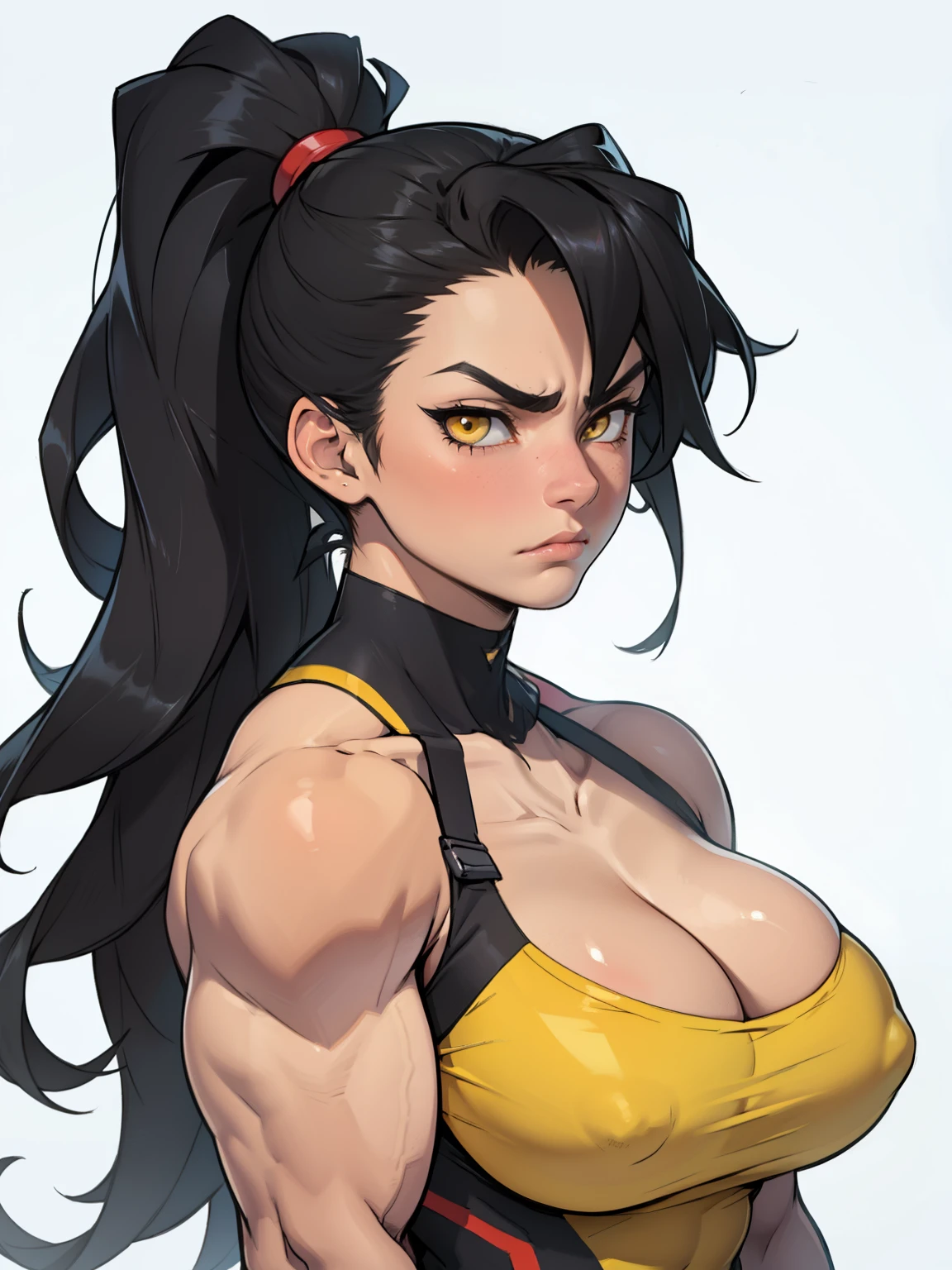 girl muscles huge breasts pale skin very long hair black hair yellow eyes sad blushing solo frown ponytail
