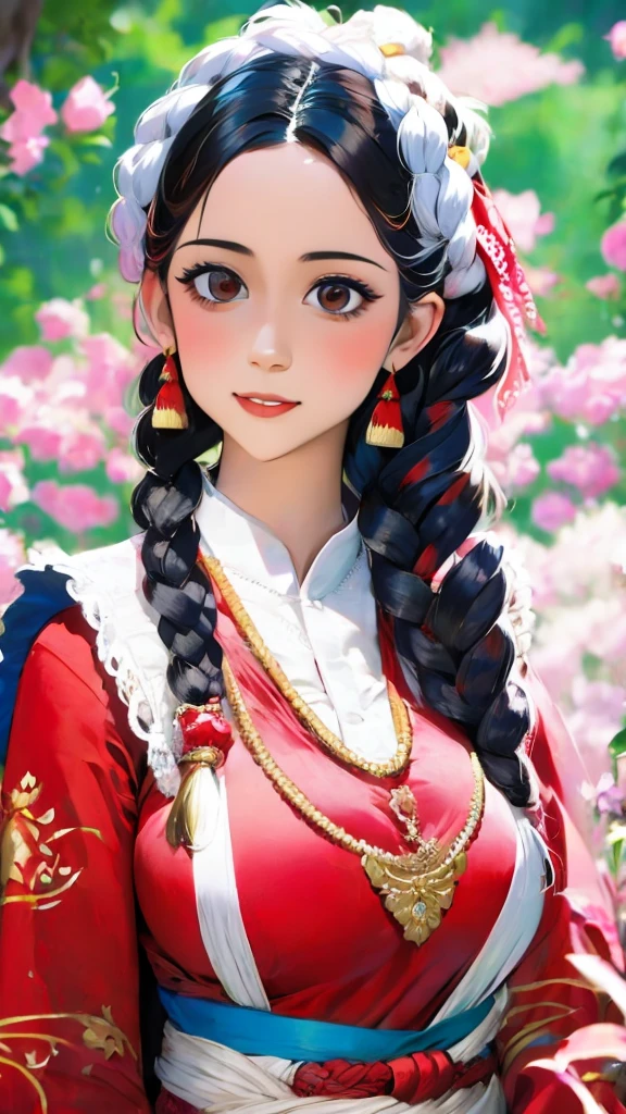 arafed woman in traditional costume with a red and white dress, a portrait by Muggur, flickr, hurufiyya, beautiful iranian woman, traditional beauty, traditional costume, beautiful himalayan woman, traditional clothes, beautiful costume, ancient libu young girl, traditional dress, wearing traditional garb, ancient libu princess, very very beautiful woman, beautiful young himalayan woman