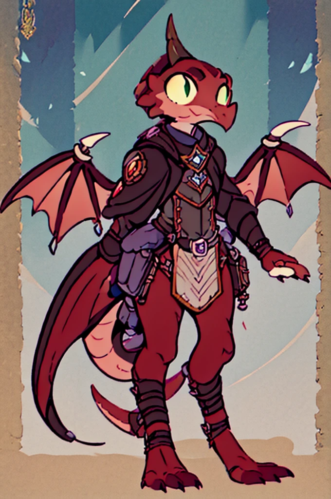 (((male, solo, winged kobold boy, dark red scales,fantasy clothes, artficer,steampunk, dragon wings, dragon tail, small, chibi))), artficer clothes, warm color clothes, fantay clothes,sea green eyes, artficer,small heigth, 54 centimertes heigth,horns, claws, tail, scales, fangs, masterpiece, cute, (((fullbody))), male
