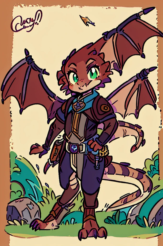 (((male, solo, winged kobold boy, dark red scales,fantasy clothes, artficer,steampunk, dragon wings, dragon tail, small, chibi))), artficer clothes, warm color clothes, fantay clothes,sea green eyes, artficer,small heigth, 54 centimertes heigth,horns, claws, tail, scales, fangs, masterpiece, cute, (((fullbody))), male
