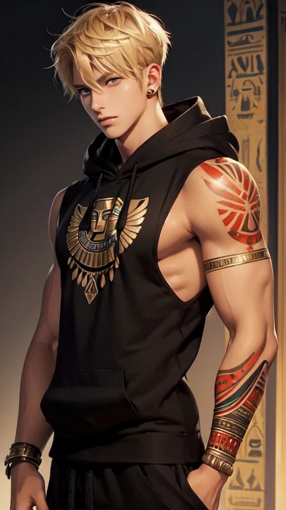 Handsome young man, blond, Orange Eyes, short hair, Black Hoodie,high quality, Draw Amount, pixiv illustrations,Tanned skin,Red tattoo on the arm,(Egyptian style,Egyptian Dress Up)
