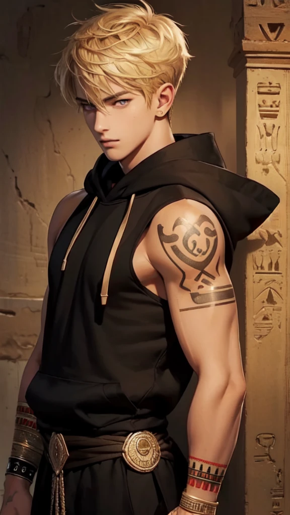 Handsome young man, blond, Orange Eyes, short hair, Black Hoodie,high quality, Draw Amount, pixiv illustrations,Tanned skin,Red tattoo on the arm,(Egyptian style,Egyptian Dress Up)