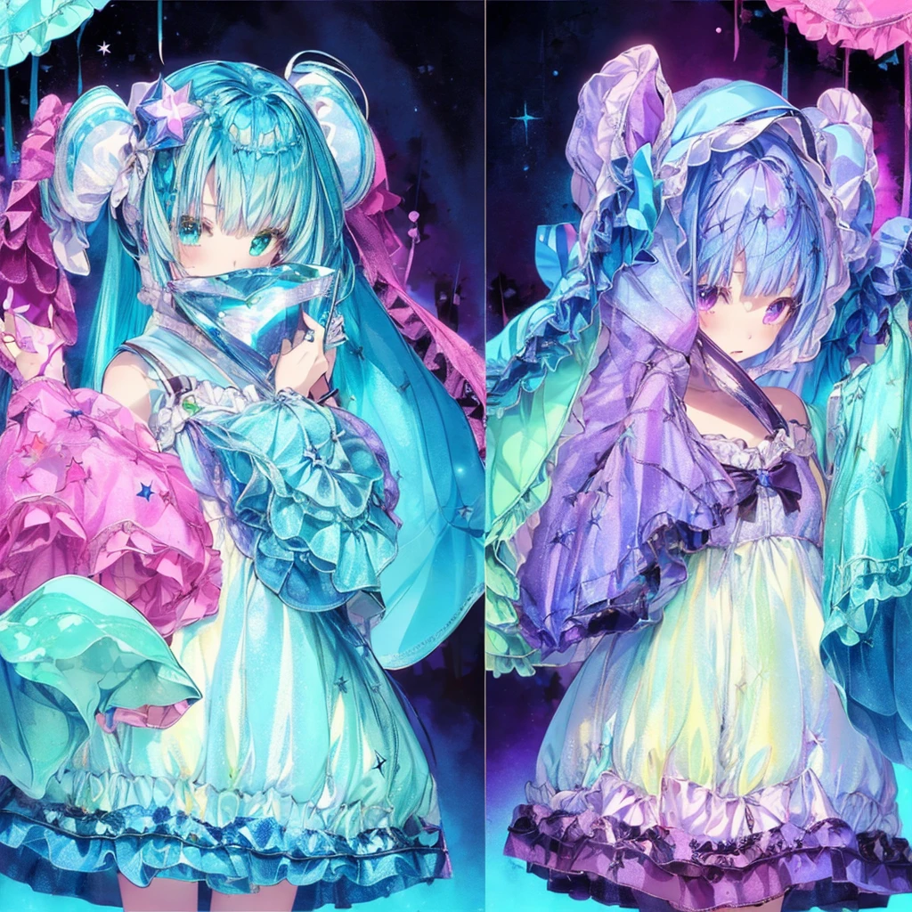 1girl、Star Fairy、Star incarnation、Character design front view、A picture facing the viewer、Cute original black and magenta clothes、(((Super detailed、Highest quality、Masterpiece)))、Original cute hairstyle、Milky white and blue hair color、Simple Green Background、vtuber-fullbody,g0thk1m0n0, 