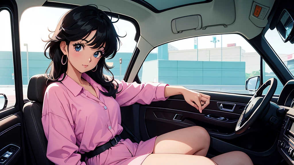 One beautiful energetic woman、Black Hair、sitting in the passenger seat of a car、８０Retro anime style of the 1980s、Vivid colors、Image of a woman from inside a car、