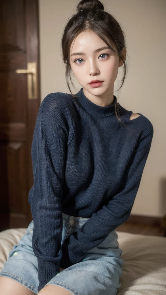 (masterpiece:1.3), (8K, realistic, RAW photo, highest quality: 1.4), (1 girl), beautiful face, (realistic face), (black hair, short hair:1.3), beautiful hairstyle, realistic eyes, beautiful and fine eyes, (realistic skin), beautiful skin, (sweater), disorganized, Charm, ultra high resolution, surreal, very detailed, golden ratio、((delicate pictures)),(女の子の詳細なRAW photo), (muste piece:1.25), (best quality:1.6), (ultra high resolution:1.5), (It's photorealistic:1.75), 8K resolution,:1.6), Canon EOS R5, 50mm, disorganized, Super detailed,cinematic lighting、panties are visible、