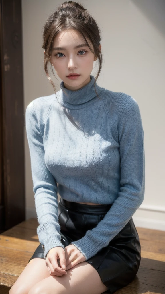 (8K, RAW Photos, Highest quality, masterpiece:1.2), (professional photography, full colors, studio-caliber color grading), (Gravure quality for high-end fashion magazines), close up, BREAK,18 year old girl, (low twintail:1.2), crying a little, Harajuku style, Big Natural Color Lip, (Plumpy body:1.2), (smooth skin:1.1 (huge breasts:1.2 BREAK ((very tight cashmere high neck sweater、Perfect fit to your body line、tight mini skirt、belt))