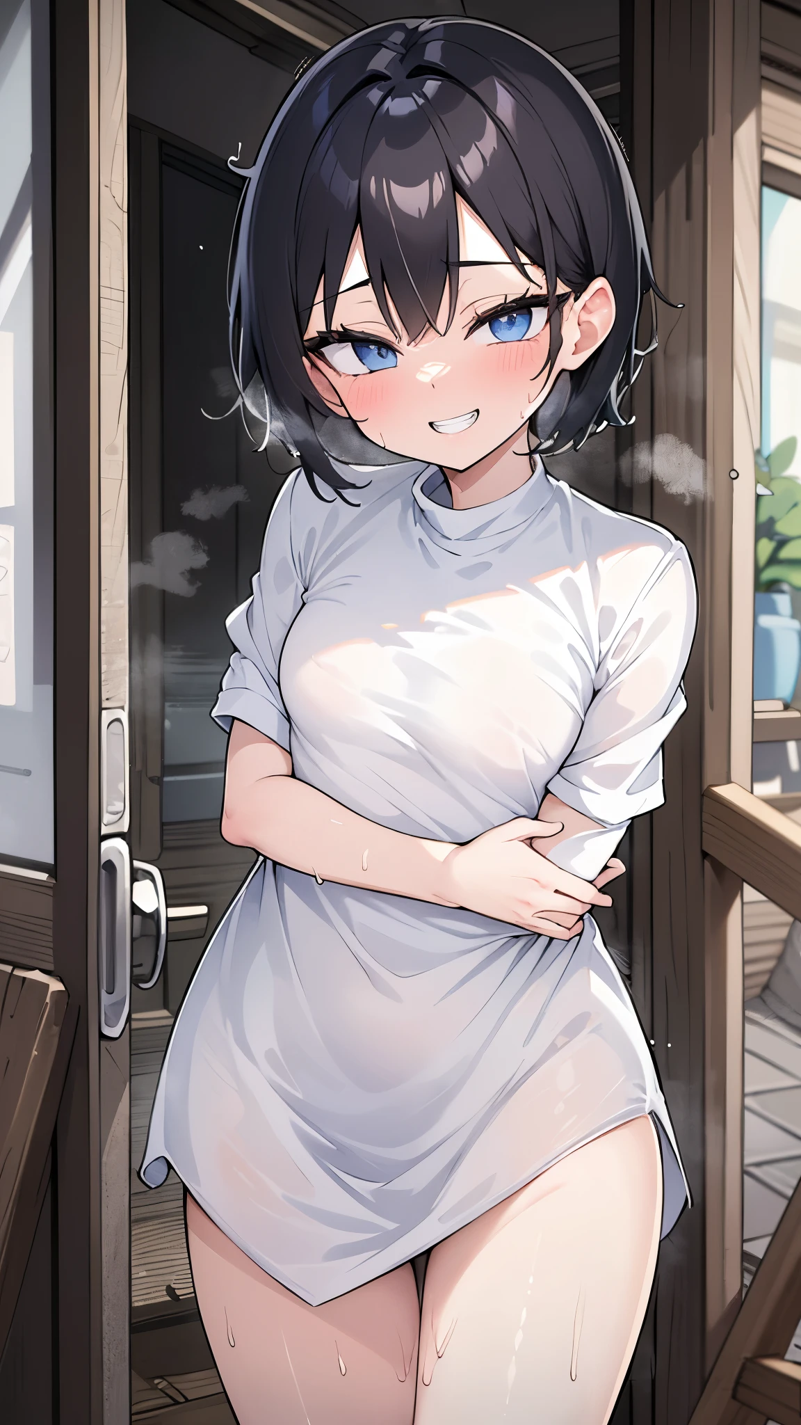 Japanese countryside kitchen,smile,Are standing,close your eyes,1. small ,short hair,Black Hair,blush,apron,Completely naked,barefoot,White skin,From below,shy,Sweaty,Wet,