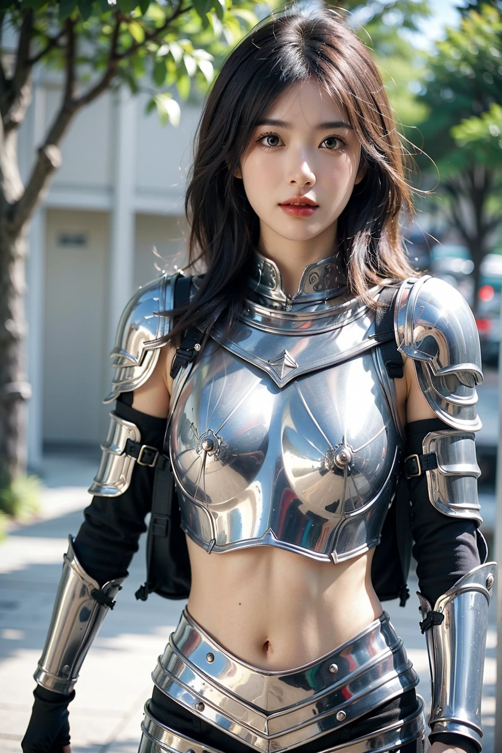 A woman in armor posing, Bikini Armor 女骑士, Armor Girl, , Bikini Armor, Metal Armor，Heavy armor，Metallic Bikini，metal breastplate，Metal trousers，Metallic armor，Gorgeous female paladin,Amazing Armor， Heavy shoulder armor，Heavy leg nails，Heavy Armor，Perfect face，Stunningly beautiful，Fantasy Warrior, Light black armor, fantasy paladin woman,Bare belly，Sexy belly，fair,Dynamic poses, Delicate face, Vibrant eyes, High Detail Skin, Realistic skin details, Visible pores, Sharp focus, Volumetric Fog, 8k ultra high definition, SLR camera, high quality, Photorealism, Photorealism, Photography, ((8k, Raw, masterpiece: 1.4)), (Professional Photography, sharp:1.2), ((Portrait shoot)), Perfect dynamic composition, (Natural sunlight), (soft shadow), (Perfect body:1.4), Ultra-detailed face and skin, Perfect Asian, White skin, (Delicate skin:1.3), (Perfect glowing skin:0.6), beautiful eyes, Round eyes, Pretty Face, blush, Glossy lips, High nose bridge, Shiny eyes, 比例Perfect face, Real moist skin, Exquisite expression, looking at camera，Smile 