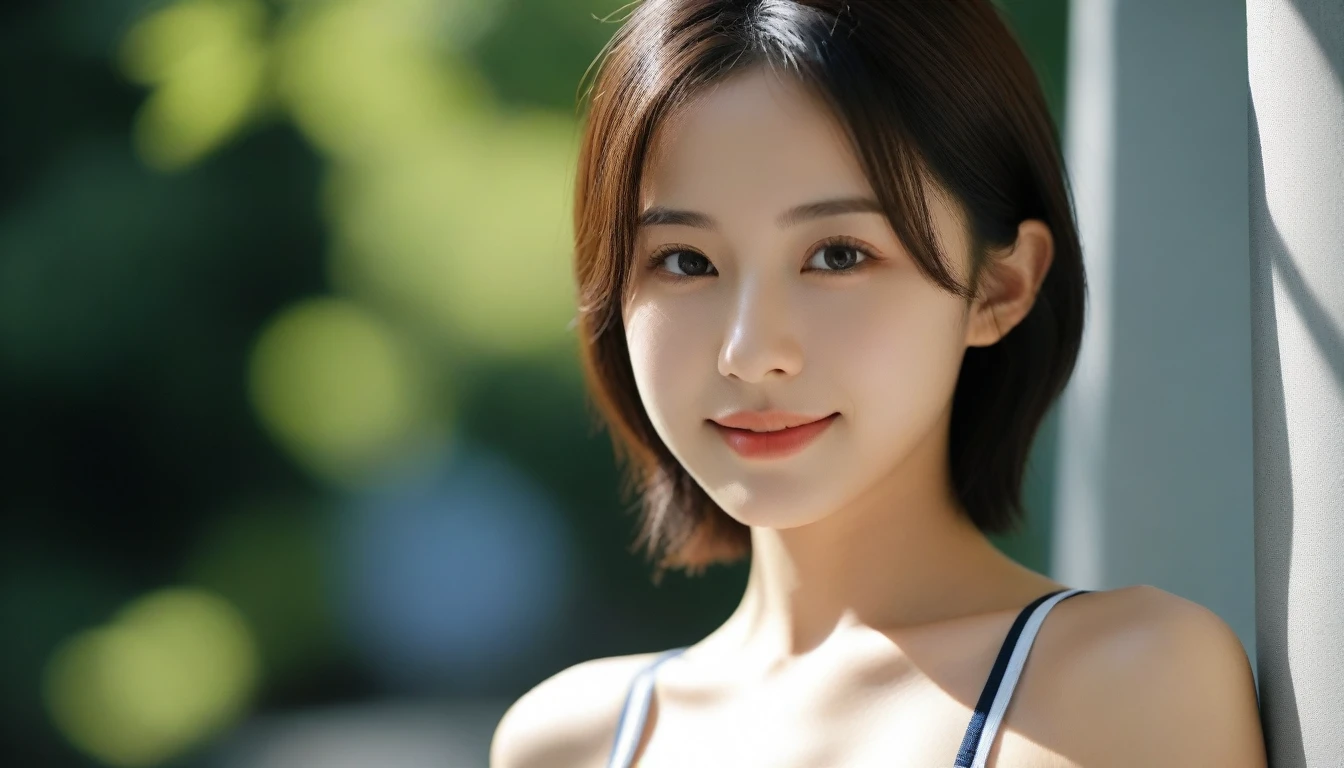 8k, Ultra-high resolution, Highest quality, masterpiece, 三分割法によるphotograph,Surreal, photograph, 1 Girl, (:1.3), pretty girl, Cute Face, Beautiful eyes in every detail, 細かくdetailedに,masterpiece,One Girl:1.2, Japan Female Announcer,extream close up,smile,Black Hair,Side undercut,street tree,Urban area,Young Wife,healthy,Sports Bra,Bra Top,Shorts,Natural Makeup,Realistic Skin, Perfect and beautiful face ,完璧でCute Face, Skin with attention to detail, Perfect limbs、Narrow waist、Thin legs),Looking at the audience、beauty,Long neck、(((Ideal body type))),A cup small breasts :2,Portraiture:2,Perfect Anatomy,鮮明なdetailed,detailed,Surreal,Light and shadow,dappled sunlight