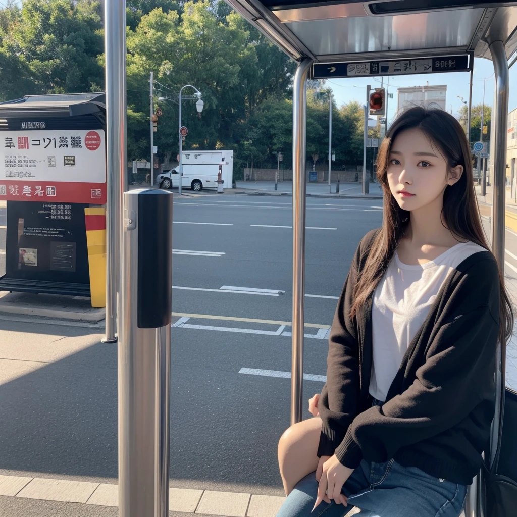 Please draw a beautiful lady with temperament，Wear casual clothing，Alone at the bus stop