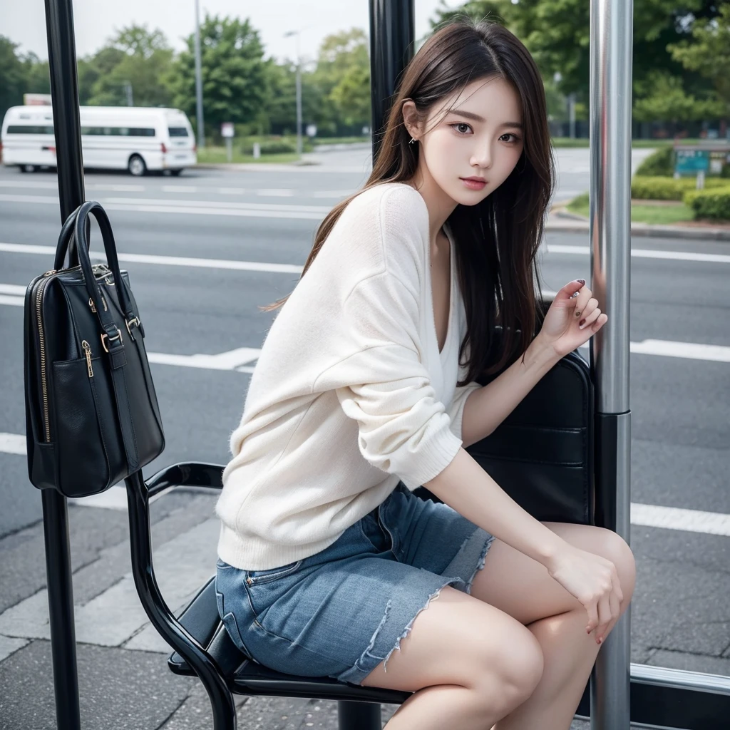 Please draw a beautiful lady with temperament，Wear casual clothing，Alone at the bus stop