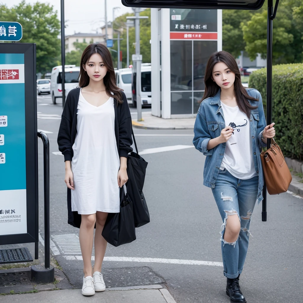Please draw a beautiful lady with temperament,Wear casual clothing,Alone at the bus stop
