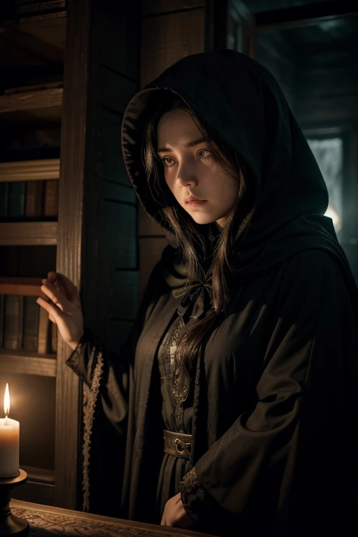 The impending confrontation with the master witches plunged the young witch into a whirlwind of conflicting emotions. She knew that she could no longer postpone the moment of facing supernatural persecutors, and each accelerated beat of her heart announced the dark outcome that was approaching her. With shaking hands, she consulted ancient grimoires for defensive spells, her words echoing in the darkness of the cabin like a dirge. The flickering candle cast distorted shadows on the walls, creating an ominous and oppressive atmosphere. Each sigh was a brooding reminder of her loneliness in the face of the supernatural forces that marched relentlessly toward her, shrouded in cloaks of ancient terror. The young witch took a deep breath, raised her gaze to the moon veiled by night clouds and prepared herself for the final clash against her adversaries from beyond.
