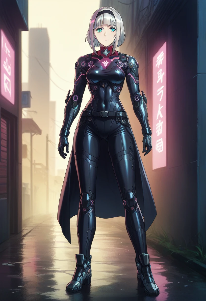 Anna nishikinomiya with the same body as a woman but only with armor that covers her entire body, has a (black robotic armor) turned into a Cyborg, of the shoulders and torso, to the legs and feet, full body armor Cyborg, in a raining alley of a cyberpunk city 