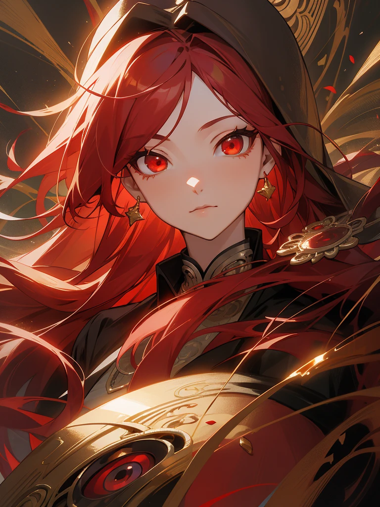 A red-haired, 1girll, beauitful face, beautidful eyes, solo, jewely, ancient art, Chinese, breaking, Basil,long red hair, (((red and gold eyes)))