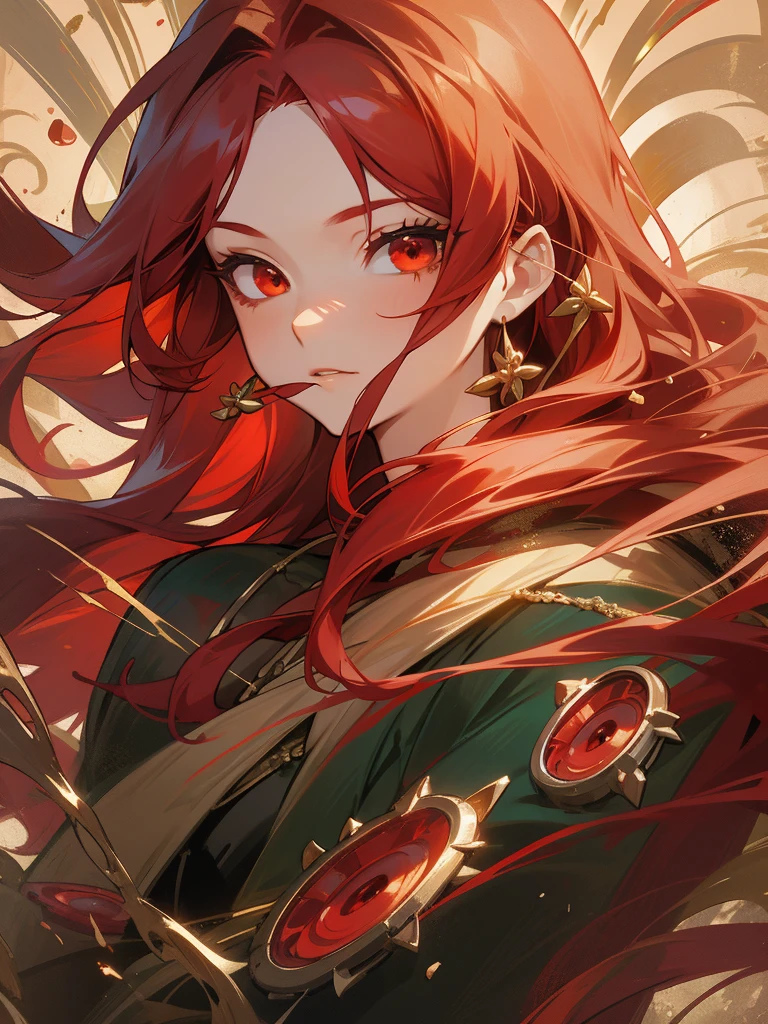 A red-haired, 1girll, beauitful face, beautidful eyes, solo, jewely, ancient art, Chinese, breaking, Basil,long red hair, (((red and gold eyes)))