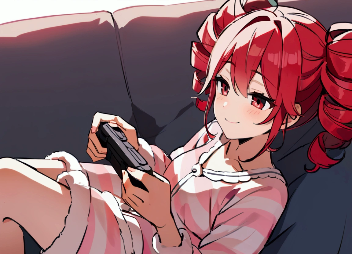 Playing video games.,Red hair, loungewear, smiling