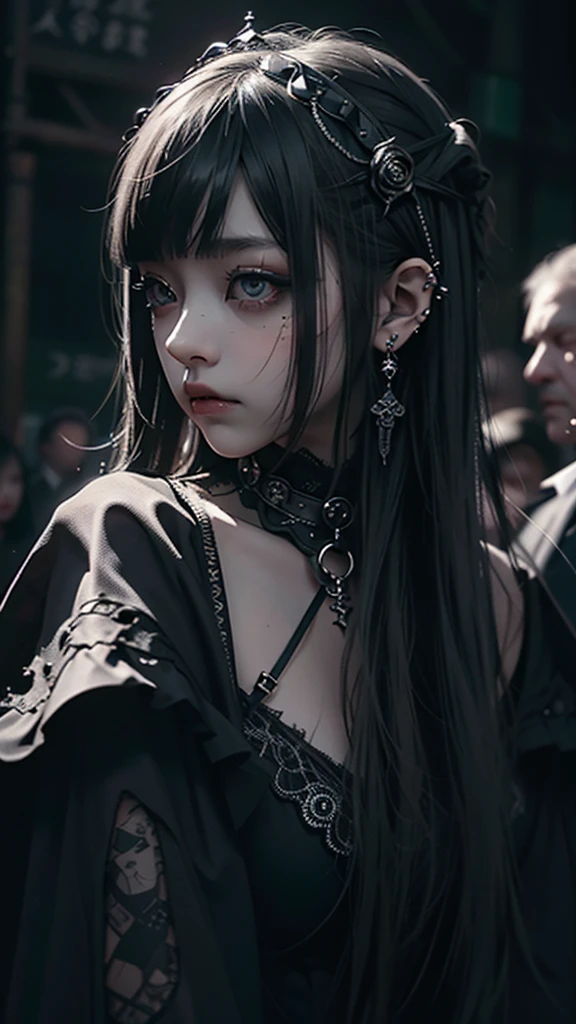 RAW Photos, Realistic, Ultra-realistic, gothic girl, big eyes, detailed black elegant dress, vintage lace, dark background, melancholic mood, baroque influences, Highest quality, masterpiece, Ultra-high resolution, 8K