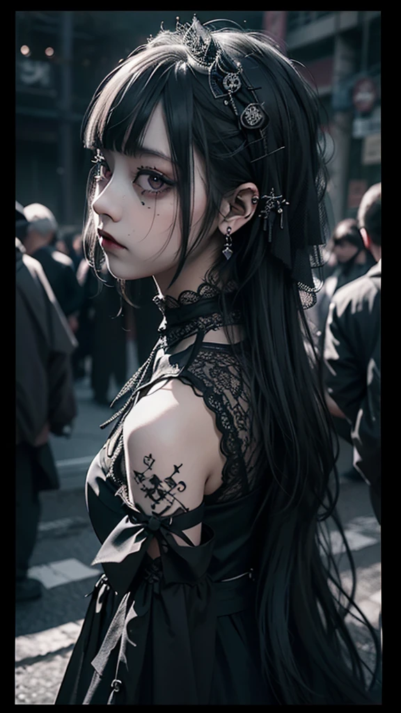RAW Photos, Realistic, Ultra-realistic, gothic girl, big eyes, detailed black elegant dress, vintage lace, dark background, melancholic mood, baroque influences, Highest quality, masterpiece, Ultra-high resolution, 8K