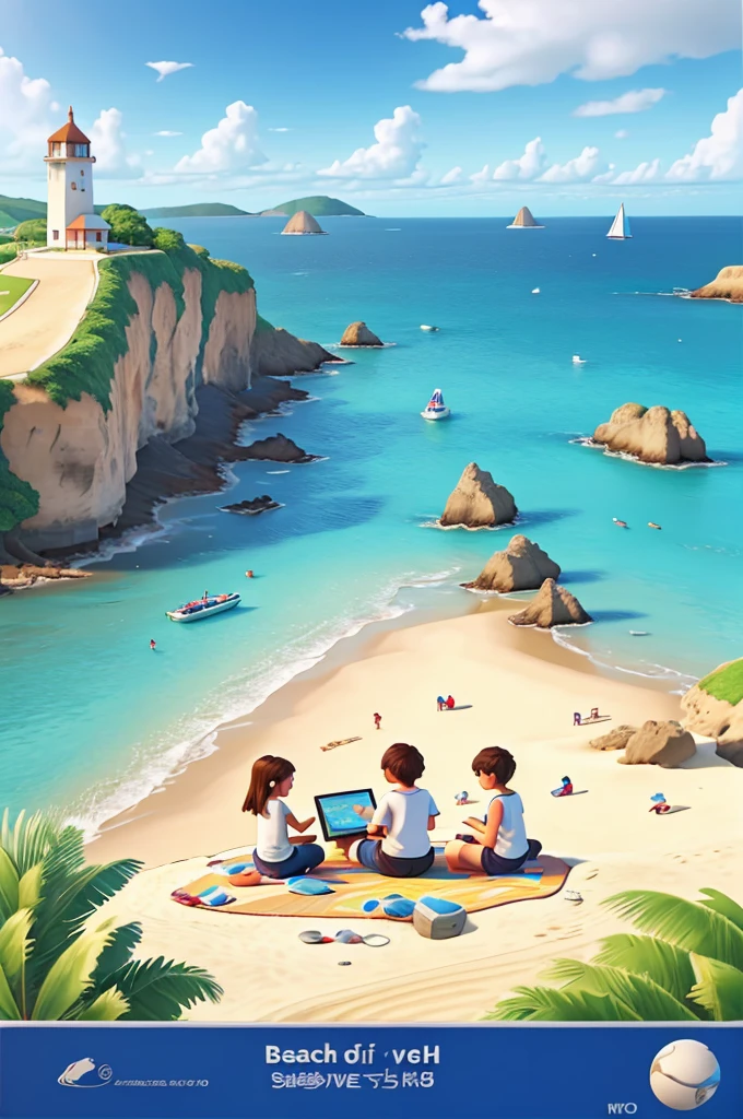 Beach, A group of agers watching tablets, Illustration style, Beach, seaside, Highest quality 4K, Color Field painting, UHD