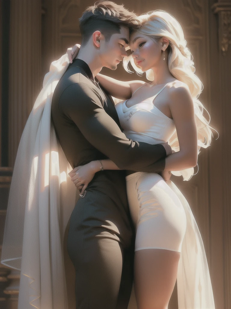 An attractive man and woman embracing each other, kissing, best quality, masterpiece:1.2), attractive woman, perfect body, curvy girl, hyperfeminine, beaitiful man, anatomically correct proportions, highly detailed, masterpiece, hyper realistic, depth of field, light and shade contrast, 8K, super detailing, Precise, Best quality, HD, high resolution
