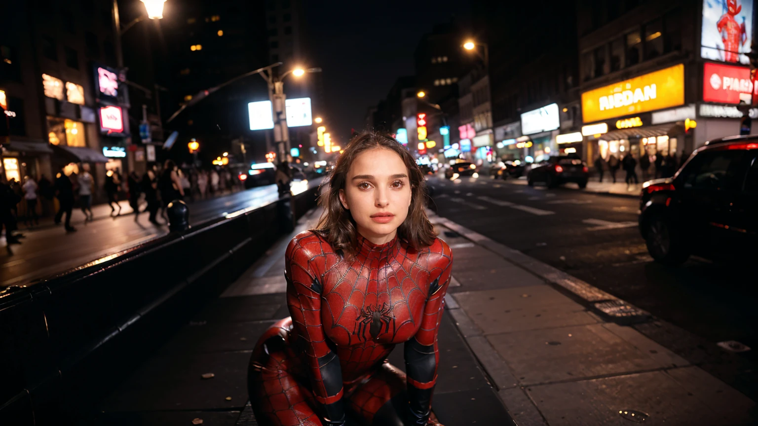 Masterpiece, Best quality,, (photorealistic1.4), (UHD), (n4t4l13p-v2), (epiCRealLife), (flashphoto),, (photorealistic1.4), (Natalie Portman in Spider Suit), (city rooftop), (night time), (spiderman latex suit), (red lipstick),  (flash photography), (widescreen photo), (outdoor), (on the street of New York)