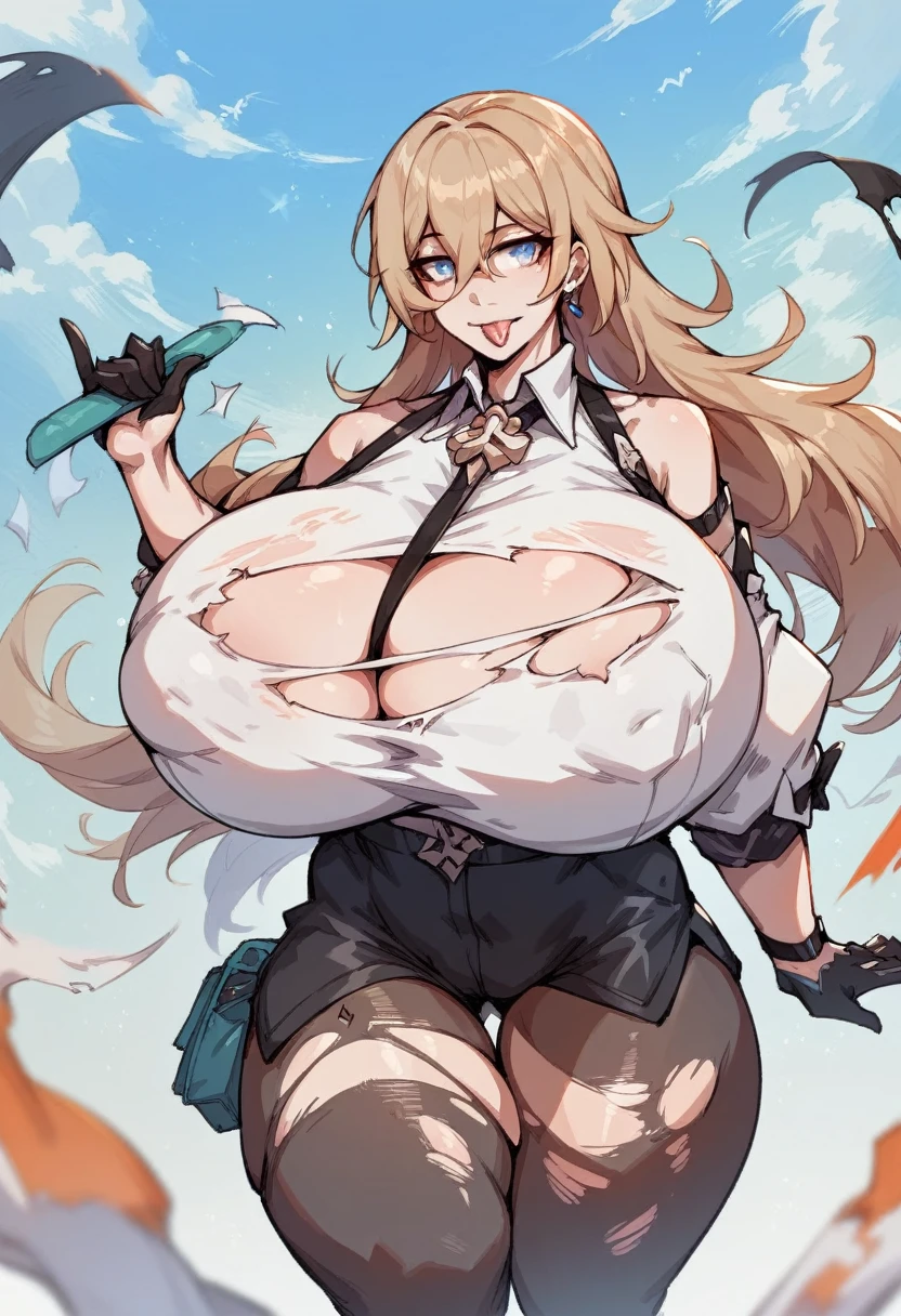 1girl, solo, gigantic breasts, thick thighs, thight fit, ripped clothes, honkai star rail kafka, tongue out