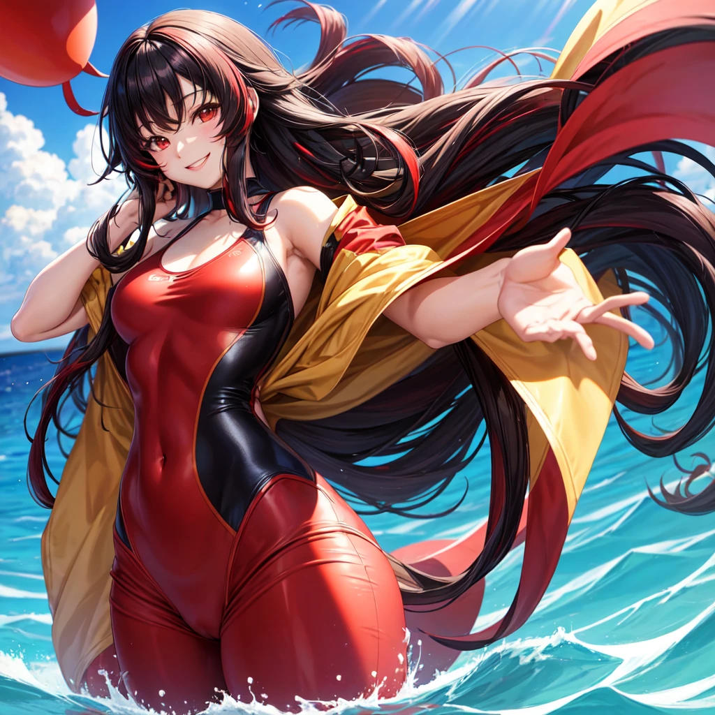 anime panel,upper body, 1girl,solo Korean, black very curly hair with red highlights(long hair), red slanted eyes, swinsuit, hair illuminated by sunlight, florest background, smiling