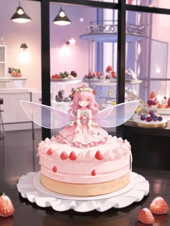 Inside the cafe, blurry,highest quality,A masterpiece of detailed writing,16K or 8K,A small fairy is floating above a large whole cake decorated with strawberries, raspberries, blueberries, fresh cream, and chocolate on a table in the bottom center of the screen.:1.1)、Little fairy princess - huge white fairy wings with a heart pattern on the back,Light pink medium wavy hair - strawberry hair accessories - lavender eyes - long eyelashes、pointy ears,(A dress with lots of frills with a strawberry cake motif.)、Holding a strawberry with care、smile、beautiful face、