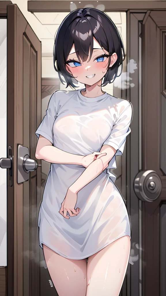 (8k、Best image quality、Highest quality、masterpiece)、Detailed face、A short girl:1.5、pixie short hair、Black Hair、Bright Blue Eyes、Heart Pupil、Wicked Smile、((steam, sweat, Grin))、Small breasts、((White oversized long shirt:1.5)), Short sleeve、Bra straps、Off the shoulder, No underwear、entrance、Open the door、(A half-naked, macho, vulgar, middle-aged man is hugging her from behind:1.5, from the front、Facing forward), indoor、entrance、Detailed people、Detailed Background、Naughty play from behind:1.5, NTR