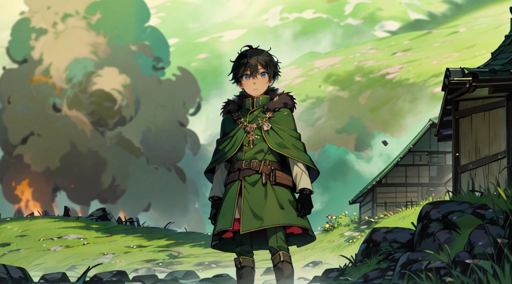yuichiro hyakuya, (WithoutFear:1), 1 boy, black hair, green eyes, brown coat, gray armor, green shield, green cloak, dark brown gloves, town, white fur trim, tall, anime, standing, good quality, portrait, looking at viewer