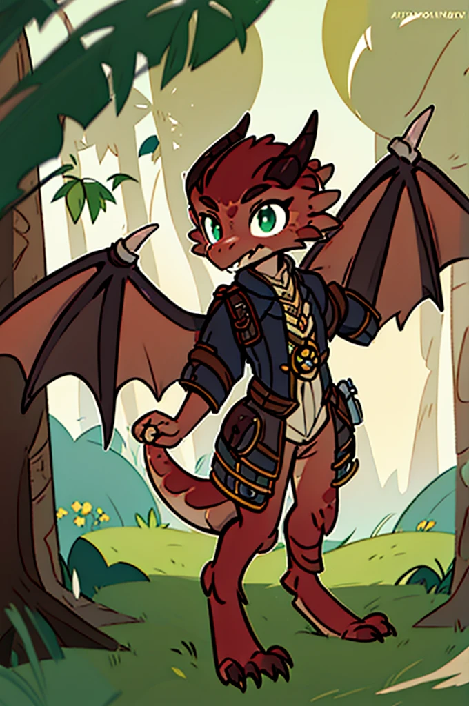 (((male, solo, winged kobold boy, dark red scales,fantasy clothes, artficer,steampunk, dragon wings, dragon tail, small, chibi))), artficer clothes, warm color clothes, fantay clothes,sea green eyes, artficer,small heigth, 54 centimertes heigth,horns, claws, tail, scales, fangs, masterpiece, cute, (((fullbody))), male
