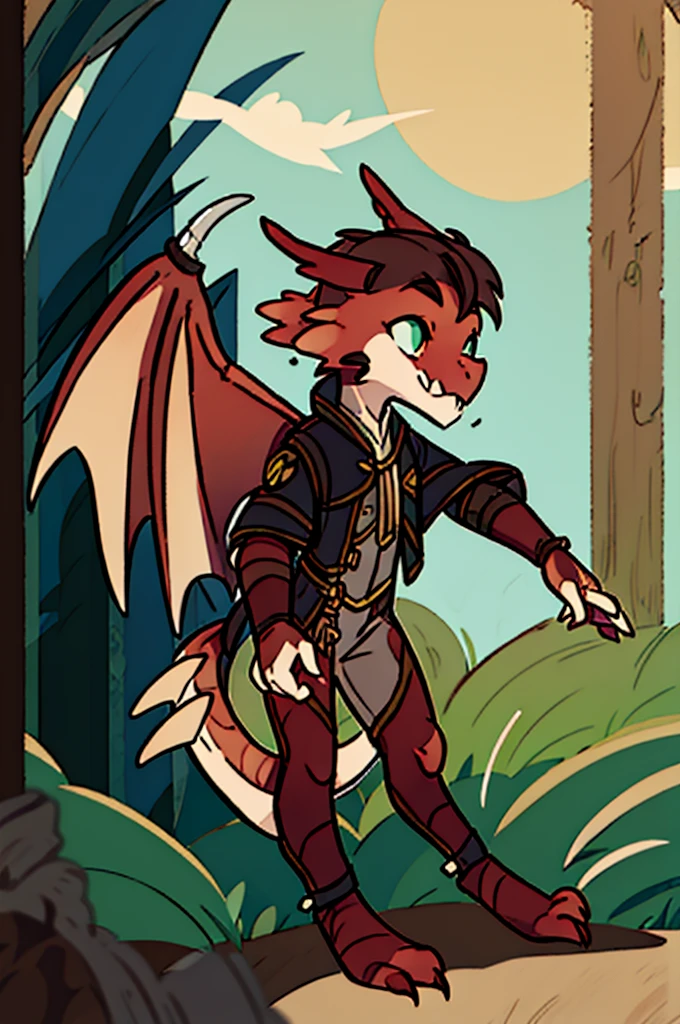 (((male, solo, winged kobold boy, dark red scales,fantasy clothes, artficer,steampunk, dragon wings, dragon tail, small, chibi))), artficer clothes, warm color clothes, fantay clothes,sea green eyes, artficer,small heigth, 54 centimertes heigth,horns, claws, tail, scales, fangs, masterpiece, cute, (((fullbody))), male
